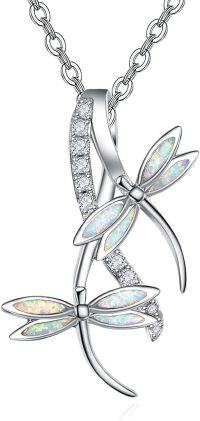 wholesale 925 Sterling Silver Opal Dragonfly Pendant with Cubic Zirconia and Extender Chain - White Firestone Jewelry for Women (White)-Multi Opal