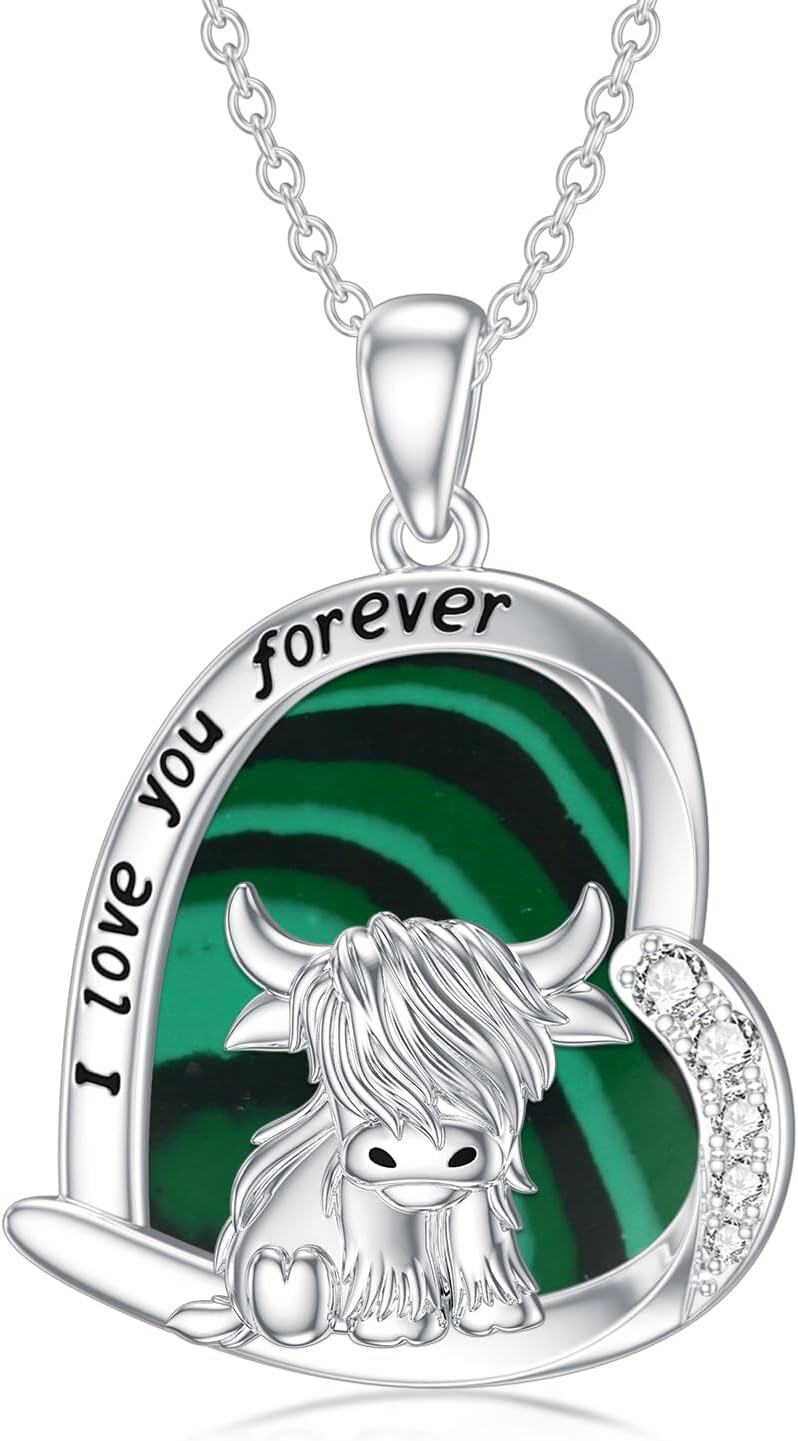 Sterling Silver Highland Cow Birthstone Necklace Jewelry Gifts for Women Girls-8-3-Malachite-8-3-Malachite