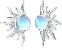 wholesale 925 Sterling Silver White Gold Plated Moonstone Sun Stud Earrings 19mm & 11mm-Moonstone
