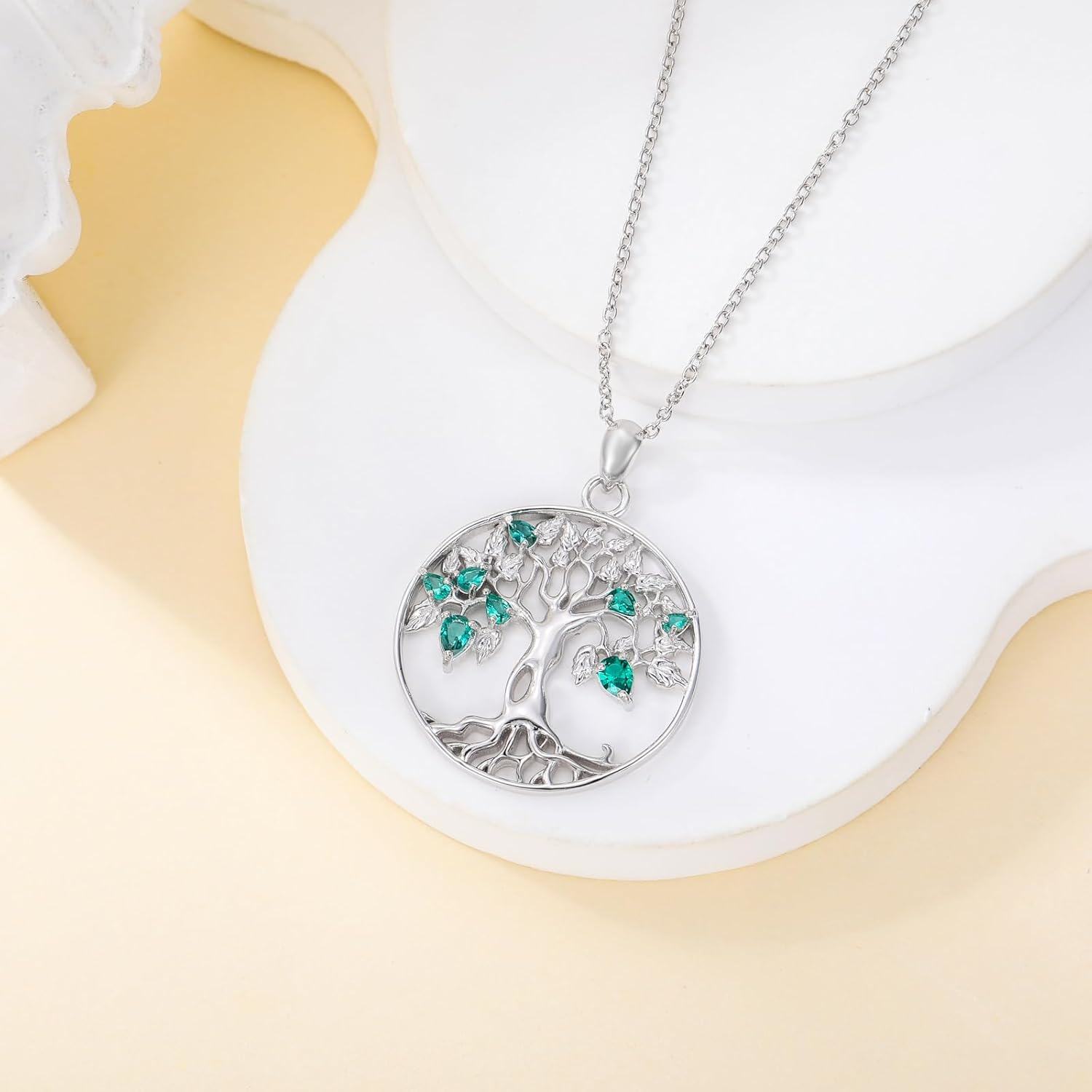 Sterling Silver Birthstone Tree of Life Sun Pendant Necklace for Women-0-2