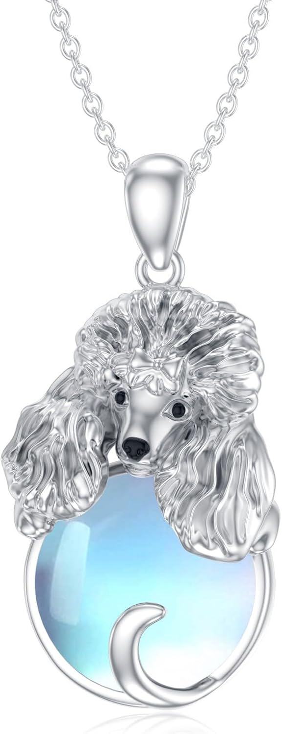 Sterling Silver Moonstone Dog Necklace for Women Memorial Jewelry Gift-Poodle