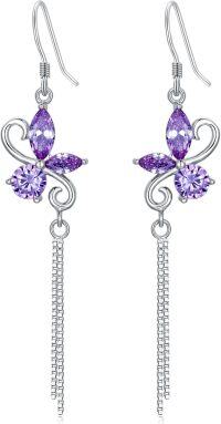 wholesale 925 Sterling Silver Birthstone Butterfly Dangle Earrings for Women-02 Feb - Amethyst