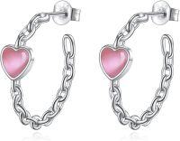 wholesale 925 Sterling Silver Metal Stone Hollow Out Huggie Hoop Earrings with Pink Cat's Eye and Twisted Chain Design - Hypoallergenic Jewelry for Women-Pink Opal Earrings