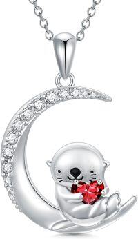 wholesale Sterling Silver Animal Birthstone Necklace Otter Axolotl Hippo Pendant Jewelry Gift for Women-01-Jan-Otter