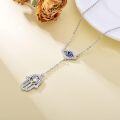 wholesale 925 Sterling Silver Evil Eye Hamsa Hand Lariat Necklace with Blue and White CZs Protection Amulet  for Women-0-2