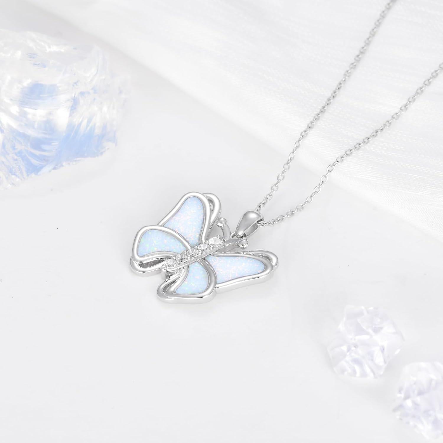 wholesale 925 Sterling Silver Opal Butterfly Pendant Necklace with Cubic Zirconia Stones - Gifts for Her-0-3