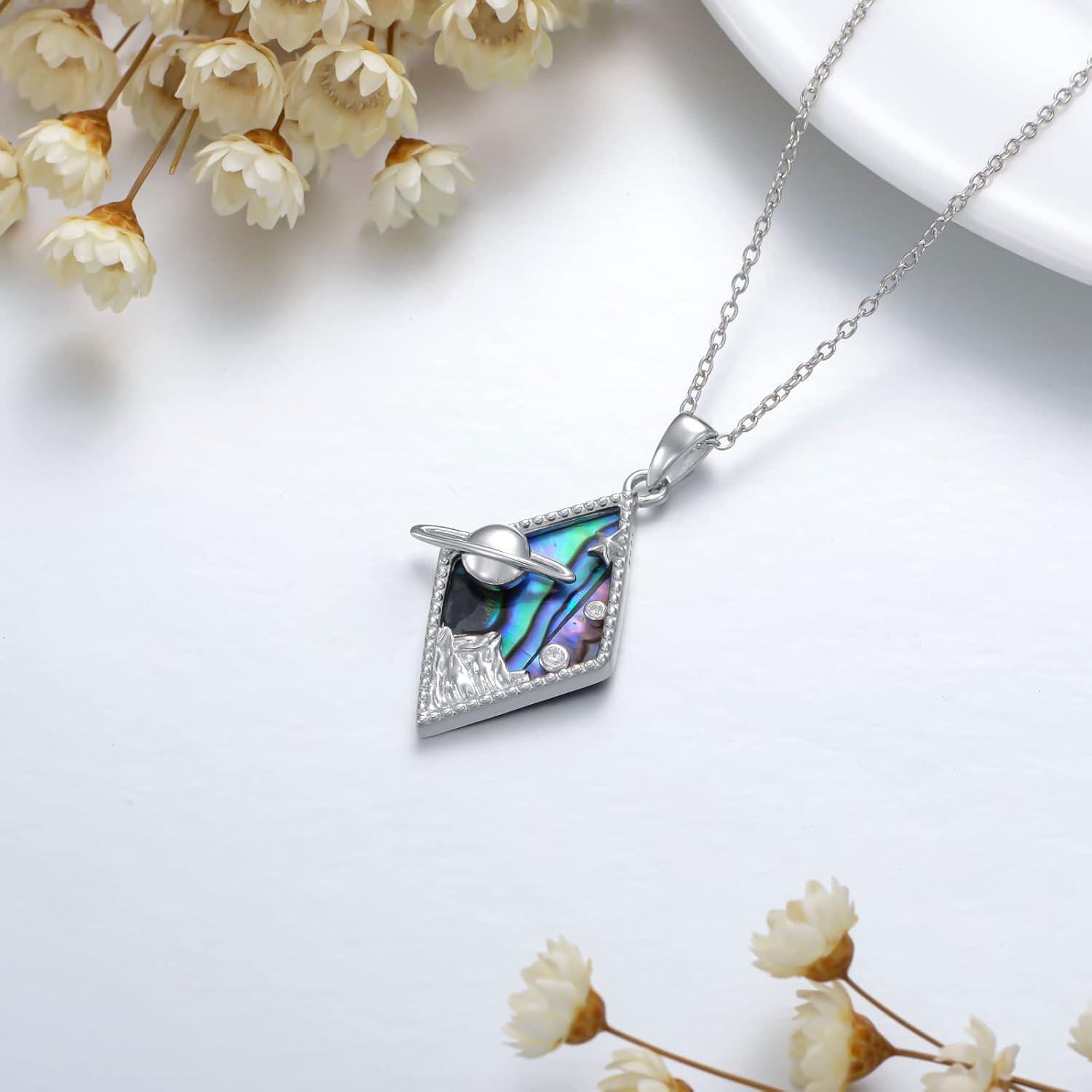 925 Sterling Silver Rotatable Abalone Shell Mountain Pendant Necklace for Women Hikers and Campers-0-3