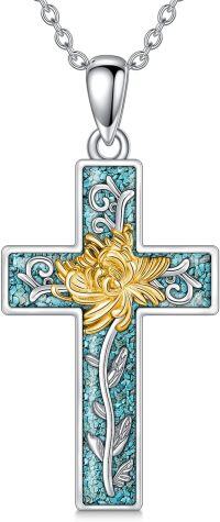 wholesale 925 Sterling Silver Turquoise & Gold Floral Cross Birthstone Pendant Necklace for Women and Moms-November