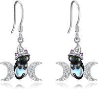 wholesale 925 Sterling Silver Black Cat with Pentagram and Crescent Moon Drop Earrings for Women - Wicca Witchcraft Gothic Jewelry-Black Cat