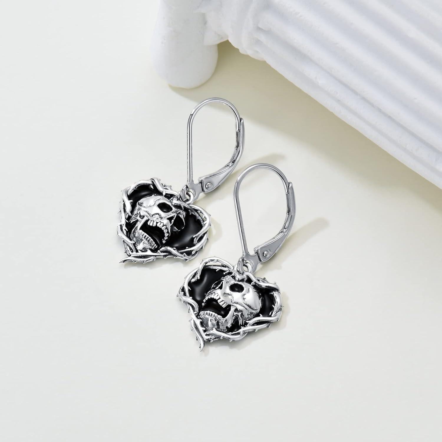 925 Sterling Silver Black Enamel Heart with Skull Pendant Leverback Drop Earrings - Gothic Punk Style  for Men & Women (Halloween)-0-1