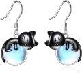 wholesale 925 Sterling Silver & Moonstone Black Cat Earrings for Women – Elegant 1.06 Dangle Jewelry Gift-0-0