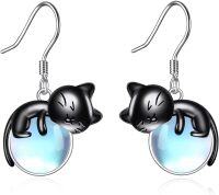 wholesale 925 Sterling Silver & Moonstone Black Cat Earrings for Women – Elegant 1.06 Dangle Jewelry Gift-C-Black Cat-Moonstone