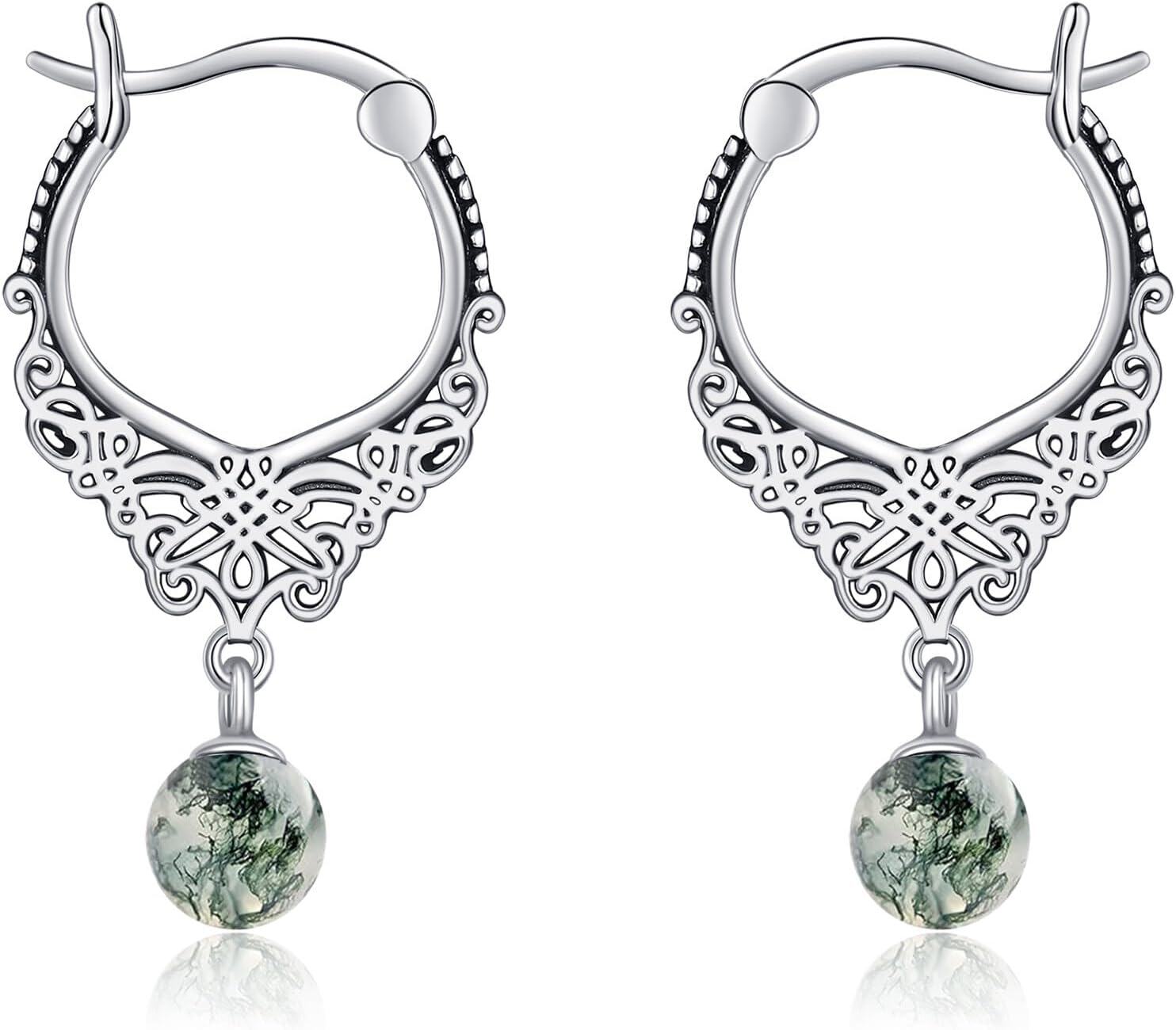 wholesale 925 Sterling Silver Green Moss Agate & Carved Butterfly Design Dangle Drop Earrings for Women Girls  4cm Long-0-0