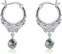 wholesale 925 Sterling Silver Green Moss Agate & Carved Butterfly Design Dangle Drop Earrings for Women Girls  4cm Long-Moss Agate