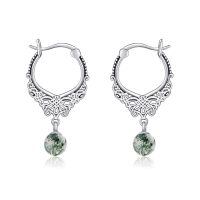 wholesale 925 Sterling Silver Green Moss Agate & Carved Butterfly Design Dangle Drop Earrings for Women Girls  4cm Long-Moss Agate