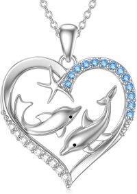 wholesale 925 Sterling Silver Heart Dolphins Pendant Necklace with Blue Cubic Zirconia and Chain for Women Girls-Two Dolphins
