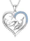 wholesale 925 Sterling Silver Heart Dolphins Pendant Necklace with Blue Cubic Zirconia and Chain for Women Girls-0-0