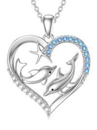 wholesale 925 Sterling Silver Heart Dolphins Pendant Necklace with Blue Cubic Zirconia and Chain for Women Girls-Two Dolphins