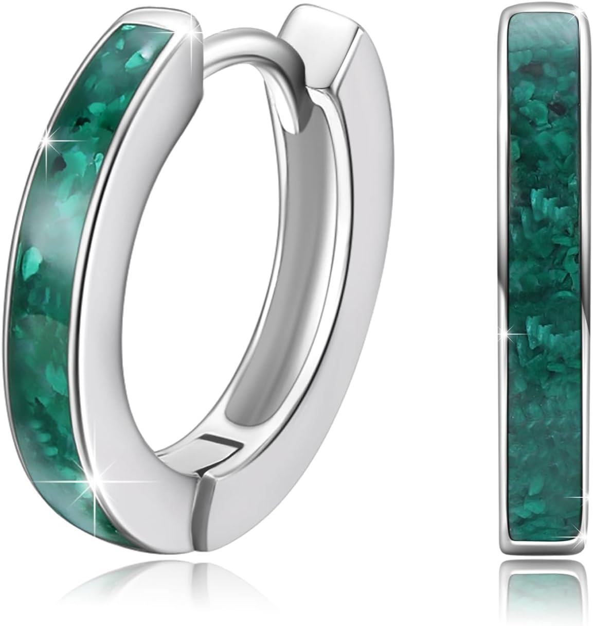 Sterling Silver Simulated Opal Hoop Earrings for Women Hypoallergenic Huggie Hinged Hoops Colorful Jewelry Gift-14mm Silver Malachite-14