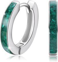 wholesale Sterling Silver Simulated Opal Hoop Earrings for Women Hypoallergenic Huggie Hinged Hoops Colorful Jewelry Gift-14mm Silver Malachite-14