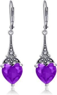 wholesale Sterling Silver 10mm Heart Crystal Leverback Vintage Drop Dangle Earrings-Amethyst Purple