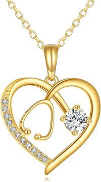 wholesale 14K Yellow Gold Heart-Shaped Diamond Pendant Necklace with Stethoscope Design for Nurses-Stethoscope Heart