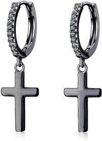 wholesale 925 Sterling Silver Cross Pendant Huggie Hoops for Women Men Minimalist Religious Faith  Set of 4 Pairs-03-Cross Earrings(Black Gold)