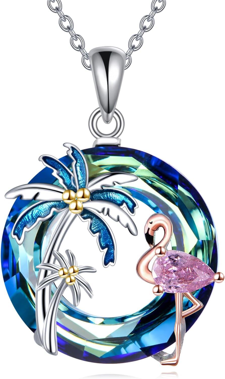 Sterling Silver Crystal Flamingo Pendant Necklace w Palm Trees-0-1