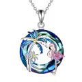 wholesale 925 Sterling Silver Pink Flamingo & Blue Palm Tree Crystal Pendant Necklace-0-0