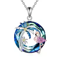 wholesale 925 Sterling Silver Pink Flamingo & Blue Palm Tree Crystal Pendant Necklace-Flamingo-Blue