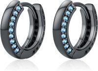 wholesale Sterling Silver 12 Month Birthstone Hoop Earrings for Men Gift for Father Husband-Black Hoops002-03-Mar Aquamarine