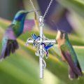 wholesale 925 Sterling Silver Cross Pendant Necklace w/ Blue Hummingbirds & Purple Butterflies - Christian  for Her-0-2