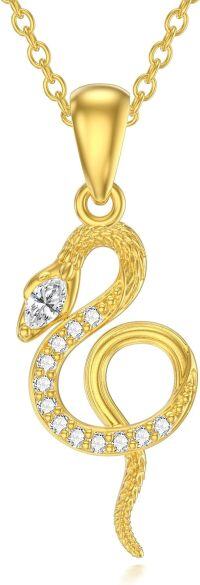 wholesale 14K Yellow Gold Snake Pendant with Cubic Zirconia Stones Necklaces for Women-Snake