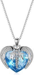 wholesale Sterling Silver Austrian Crystal RN NP LPN Caduceus Pendant Necklace w Angel Heart Charm Nurse Graduation Gift-0-12