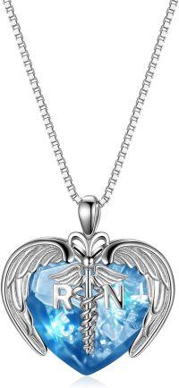 wholesale Sterling Silver Austrian Crystal RN NP LPN Caduceus Pendant Necklace w Angel Heart Charm Nurse Graduation Gift-Nurse-RN-Light Blue