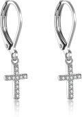 wholesale 925 Sterling Silver CZ Cross Dangle Drop Leverback Earrings for Women and Girls-0-0