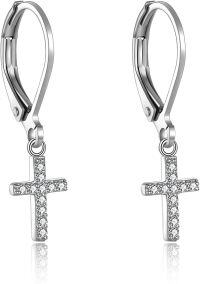 wholesale 925 Sterling Silver CZ Cross Dangle Drop Leverback Earrings for Women and Girls-leverback cross