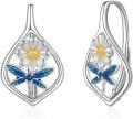 wholesale 925 Sterling Silver Dragonfly Flower Leverback Hoop Earrings with Blue and Yellow Accents-0-0