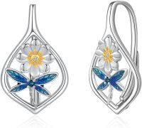 wholesale 925 Sterling Silver Dragonfly Flower Leverback Hoop Earrings with Blue and Yellow Accents-Blue Dragonfly