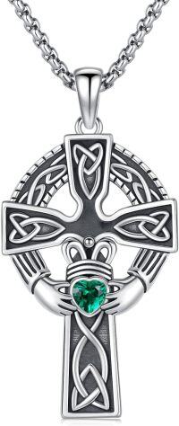 wholesale 925 Sterling Silver Claddagh Celtic Cross Emerald Green Stone Pendant Necklace  Norse Viking Irish Jewelry for Men Women 48cm Chain Length-Black-Claddagh