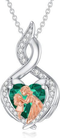 wholesale 925 Sterling Silver Heart-Shaped Angel and Child Pendant Necklace with Green Stone-01-Mother Daughter Necklace