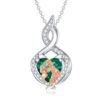 wholesale 925 Sterling Silver Heart-Shaped Angel and Child Pendant Necklace with Green Stone-01-Mother Daughter Necklace