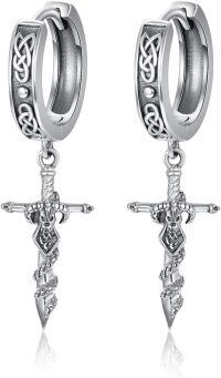 wholesale 925 Sterling Silver Norse Sword Huggie Earrings with Celtic Knots and Wolf Claws for Men & Women-Skull Sword Hoop Earrings-Silver
