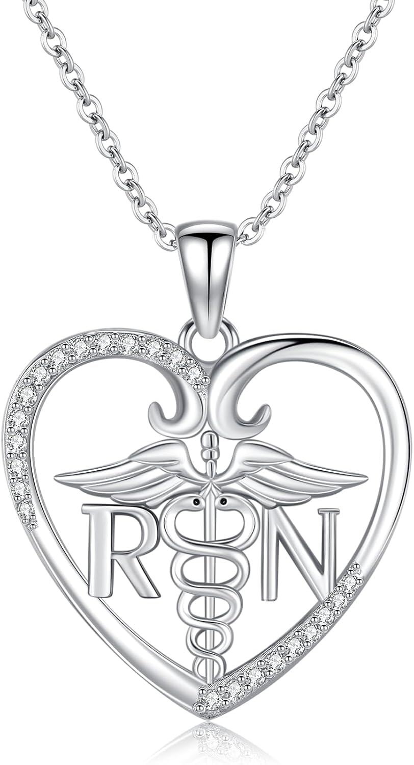 Sterling Silver Heart Caduceus Stethoscope Pendant Necklace for Women-Caduceus