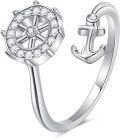 wholesale 925 Sterling Silver White Sapphire Blue Gemstone Adjustable Nautical Anchor Ring-0-0