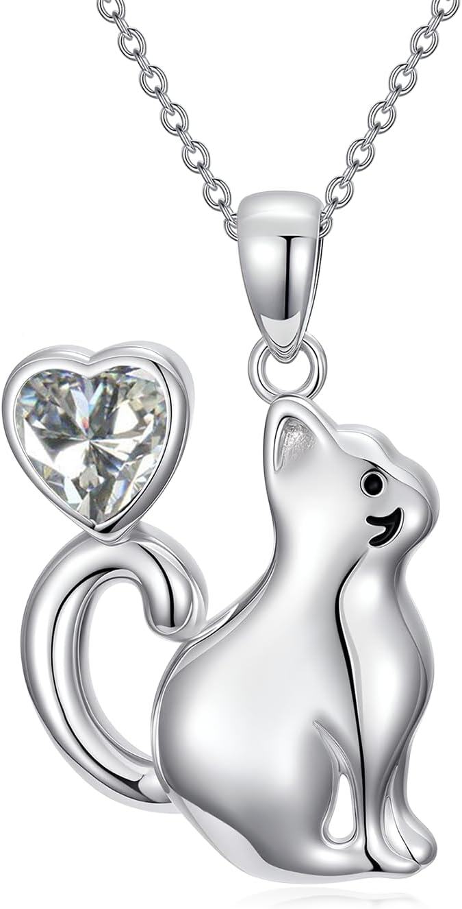 Sterling Silver Birthstone Cat Pendant Necklace for Women-April