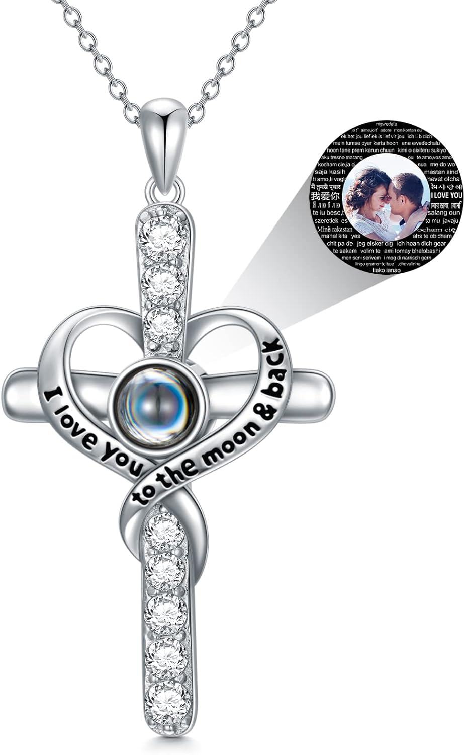 925 Sterling Silver 925 Crystal Heart Projection Cross Necklace with Custom Photo Engraving for Women and Girls-0-0