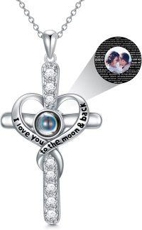 wholesale 925 Sterling Silver 925 Crystal Heart Projection Cross Necklace with Custom Photo Engraving for Women and Girls-F1-Heart-Customized Photo-F-Heart-Customized Photo