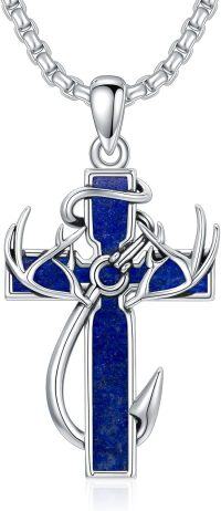 wholesale Sterling Silver Deer Antler Cross Necklace for Men Hunting Jewelry Gift-2-13-Lapis Lazuli