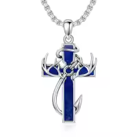 wholesale 925 Sterling Silver Black Enamel Deer Antlers Cross Pendant Necklace with Stainless steel chain for Men -2-13-Lapis Lazuli